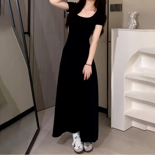 Muni Square Collar Taille Hugging Kleid Französisches Temperament Schwarzes Sommer Ladies Outfit Slim A-Line Long Rock Pendelpendel und ungezwungenes Kleid mit kurzer Ärmeln [Schwarz] Empfohlen 90-120 Jin [Jin ist 0,5 kg]