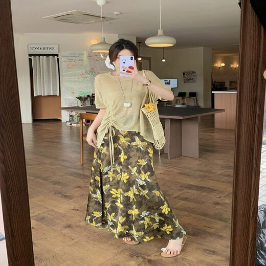 独束胖mm大码女冰丝针织上衣印花半身裙套装A1477上衣+21846半身裙 A1477豆绿色上衣(不含吊带)+2184 XL[120-140] 均码