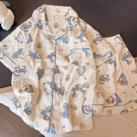
Aoyou Shark Cat Pajamas Japanese cartoon women's summer thin style internet celebrity student short-sleeved three-piece set home clothes KK-14117 green [high-quality three-piece set] M [Suggested 80-100Jin [Jin equals 0.5 kg]]