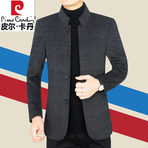Pierre Cardin 2025 Spring and Autumn Wool Woolen Jacket for Men Middle-aged Dad Chinese Stand Collar Men's Woolen Jacket for Men Black Gray XL 180 (135-150Jin Jin is equal to 0.5kg)