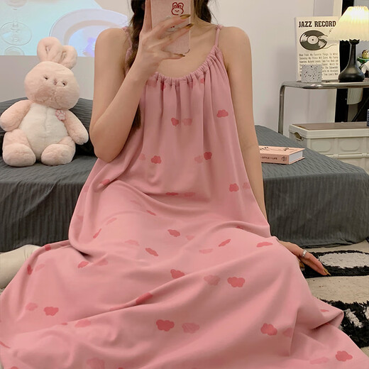 Cheng Baobao summer sexy suspender nightgown for women with breast pad new pink girl loose summer thin pajamas AF9207 Xiaoyunduo Set Fixed chest pad M
