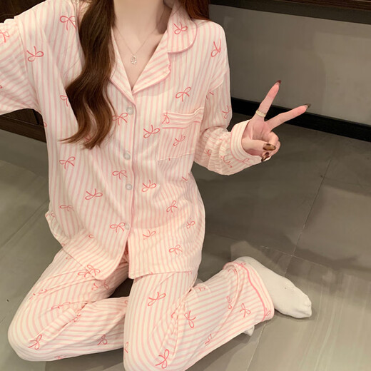 南极人皱皱布睡衣春季款甜美少女条纹长袖韩版休闲可外穿家居服套装 套KK3523# M 170 【建议80-100斤】