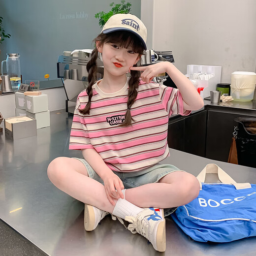 【央妈】女童夏装短袖T恤夏款2025新款女大童条纹半袖儿童夏 X12130粉色 120 cm