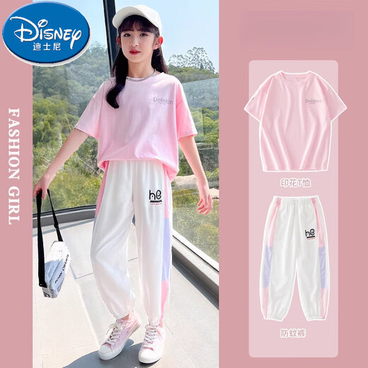 迪士尼（Disney）女童运动套装2025新款洋气时髦短袖儿童休闲夏季大童夏装女孩衣服 18209渐变9889白色 130 cm