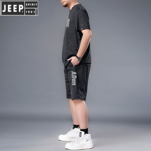 JEEP SPIRIT large-size ice silk sportswear suit for men in summer fat man plus fat plus larger quick-drying shorts shorts short sleeves T-shirt casual men's clothing black 826 set 2XL Recommended 140-160Jin [Jin equals 0.5 kg]