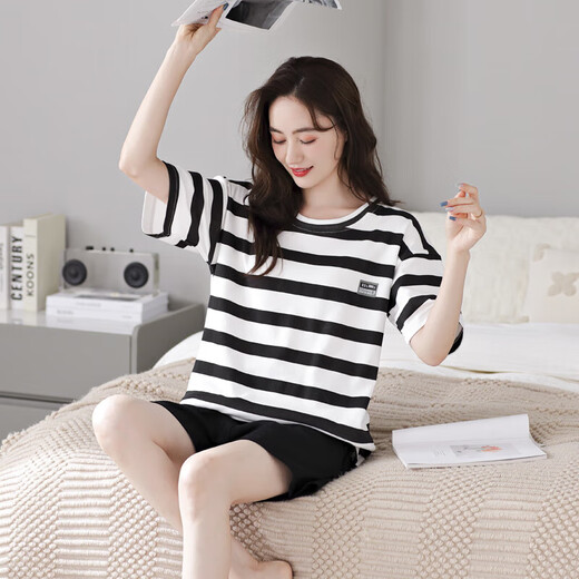 胖东来2023织睡衣女夏季纯棉短袖短裤夏天条纹薄款可外穿家居服套装 YZT9885 M 码建议80-100斤