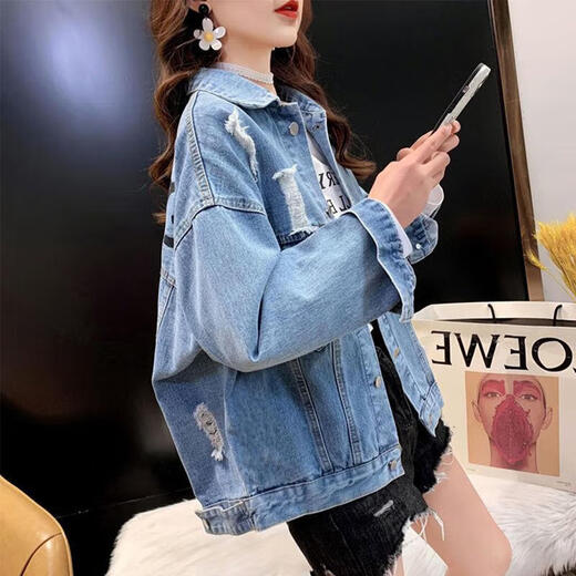 Diffuxi Veste en jean court décontracté pour les femmes à l'automne printemps et automne 2024 Nouveau trou brodé des vêtements en jean de grande taille 9926 # modèle d'image [bleu] S