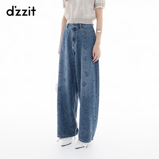 DZZIT地素牛仔裤2025夏季新款中式丹宁绣花设计宽松阔腿裤女3J2R8041S 蓝色 XS