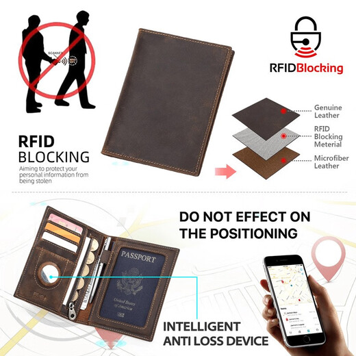 Enbaole retro Crazy Horse leather RFID anti-theft brushing certificate bag airtag family couple travel passport bag coffee color