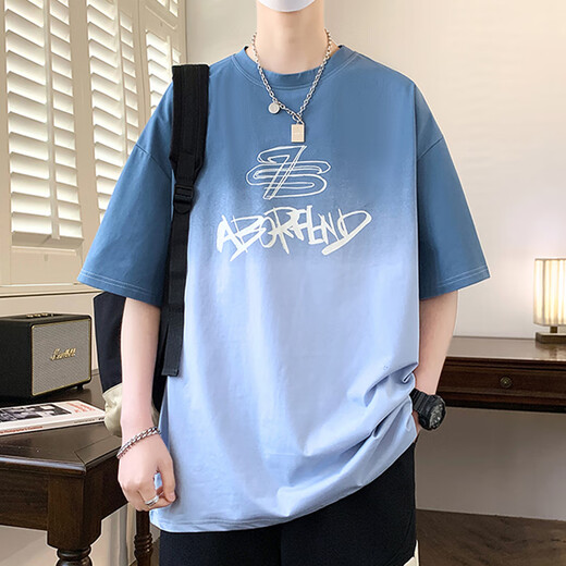 叮噜鱼宽松男士短袖重磅渐变冰丝t恤男潮流潮牌夏季大码男装半袖体恤上 3523红色 M 约90-115斤可穿
