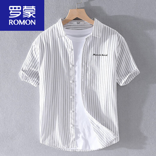 Romon -Männer gestreiftes Hemd Kurzarm Lose Sommer Dünner japanisches lässiges vielseitiges Hemd Sommerkleidung Neues Produkt 9721 Schwarz 3xl 160jin [Jin gleich 0,5 kg]