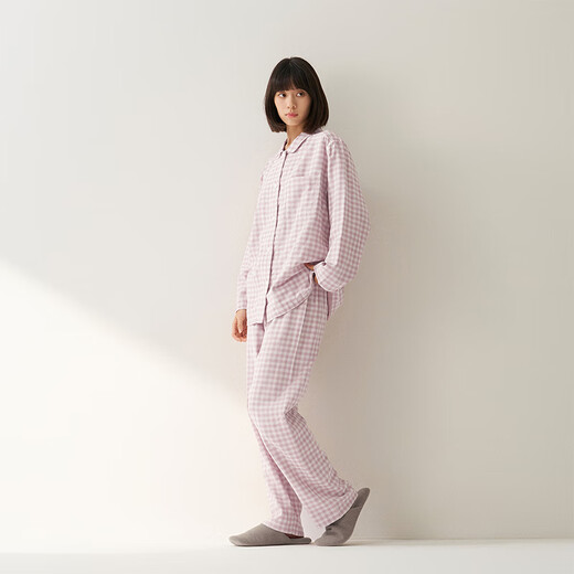 MUJI self-operated limited edition women's no side seams double-layer gauze pajamas soft cotton underwear light pink plaid L
