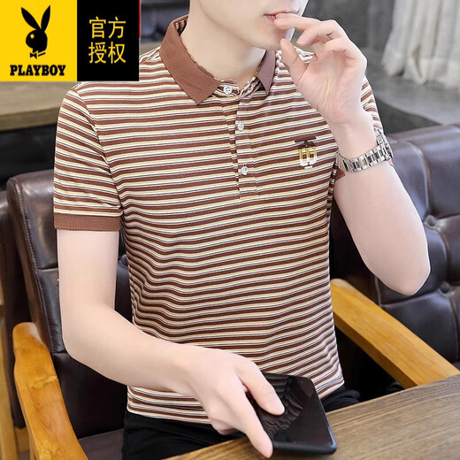 Playboy (Playboy) Herren Striped Kurzärmel-Polo. Hemd für Sommer dünne reine Baumwollhals-T-Shirt Trendy Vielseitiges Eis Seiden-Top V-Shirt 6626 Gray M Jin [Jin ist gleich 0,5 kg] ungefähr