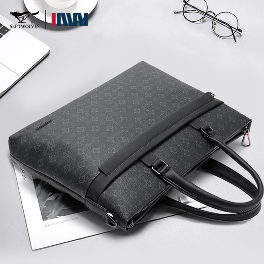 Sieben Wolfs echte Ledergeschäftsschette Männer 2025 Neue Männerhandtasche Laptop -Tasche Cowhide für Daddy Rucksack Black #2 #