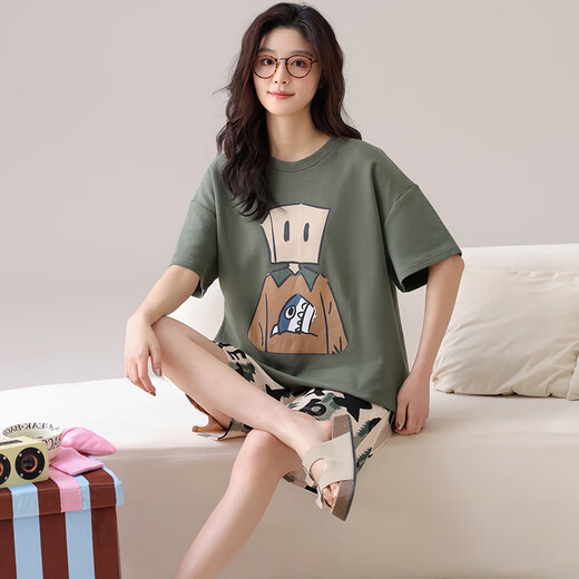 Langsha pajamas for women in summer pure cotton 100% short-sleeved shorts sweet pullover girl summer thin home clothes can be worn outside 844 women M