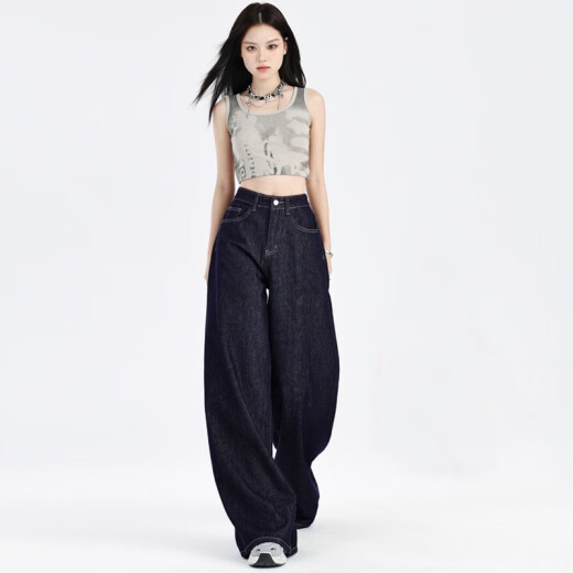简方位深蓝美式宽松阔腿牛仔裤女2025年夏季新款垂感慵懒休闲拖地直筒裤 9893深蓝长裤 XS