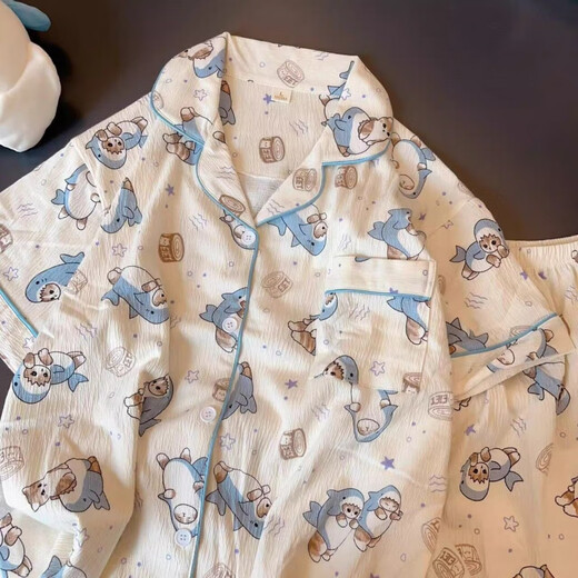 
Aoyou Shark Cat Pajamas Japanese cartoon women's summer thin style internet celebrity student short-sleeved three-piece set home clothes KK-14117 green [high-quality three-piece set] M [Suggested 80-100Jin [Jin equals 0.5 kg]]
