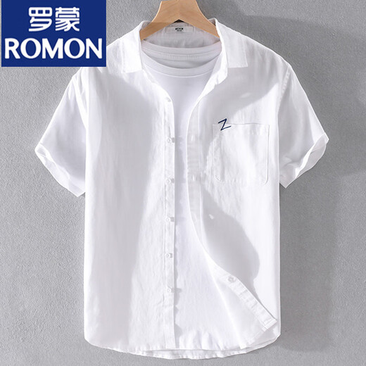 罗蒙（ROMON）男士亚麻翻领短袖恤宽松衬衫领上衣服有带领T棉麻料体恤麻布夏装 yunyi-9711蓝色 M