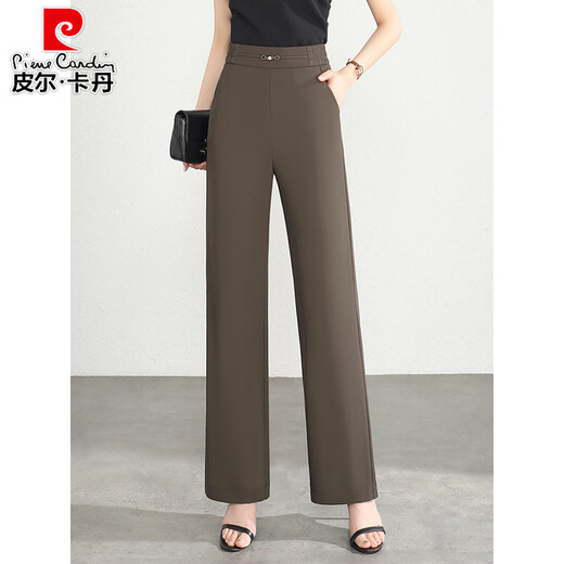 Pier Cardin elastic high waist loose trousers middle-aged women's straight-leg women's pants spring and summer new narrow version wide-leg pants casual pants brown (9221) M 27 (waist circumference 2 feet)