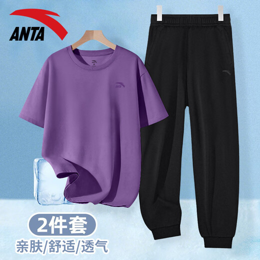Anta Casual Sports Set para mujeres 2025 Summer Nuevo algodón de algodón Camiseta de manga corta pantalones Sportswear suelto set [set] -5 yocao verde m/165