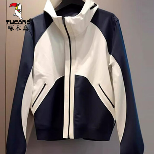 啄木鸟（TUCANO）撞色冲锋衣外套女2025春季新款宽松休闲防晒夹克开衫美式立领上衣 黑白拼接外套 XL 110斤-125斤