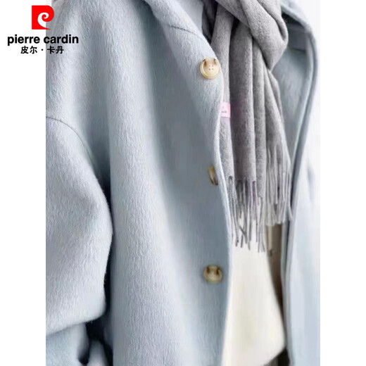 Pierre Cardin fat mm extra large size 300 Jin Jin equals 0.5 kg Woolen coat women's autumn and winter feeling small cream blue hooded coat Picture color XL 110-140 Jin Jin equals 0.5 kg