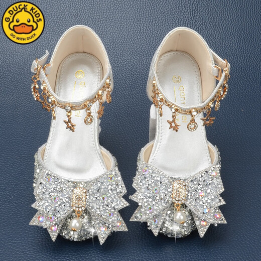 G.DUCKKIDS girls silver princess shoes bag toe bow little girl crystal shoes rhinestone soft sole dress skirt children's high heels silver (9922-7 small heels) 26 / shoe length 16.5c