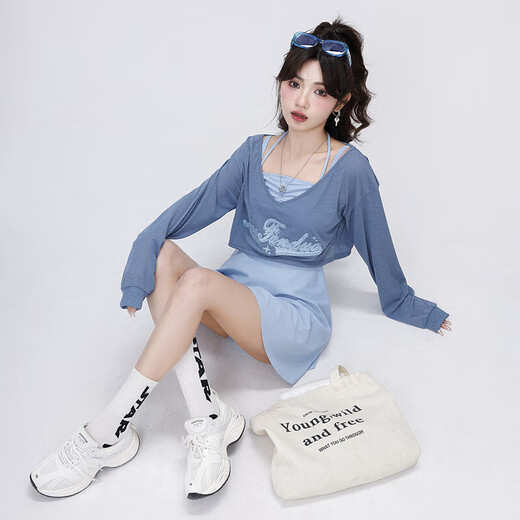 Bai Qixin women's swimsuit one-piece blouse three-piece set covers belly, arms, slimming and small breasts, Korean ins style hot spring blue swim skirt three-piece set, one size fits all (recommended 80-120 Jin Jin is equal to 0.5 kg)