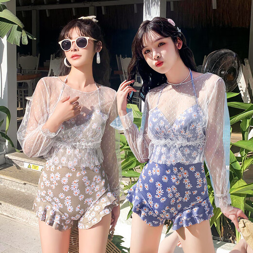 连体遮肚显瘦泡温泉小胸性感保守学生长袖罩衫大码泳衣女装泳衣 湖蓝色 XL 【105-120斤】