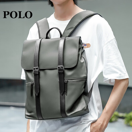 Polo [New Product] Rucksack für Männer, modische und trendige Paar-Reise-Rucksack für Frauen, 15,6-Zoll-Student mit großer Kapazität, grau-grün.
