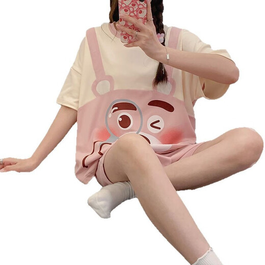 Opeodly夏季睡衣女薄款学生甜美短袖短裤两件套夏天宽松可外穿休闲家居服 684背带熊 M 【建议80-90斤】