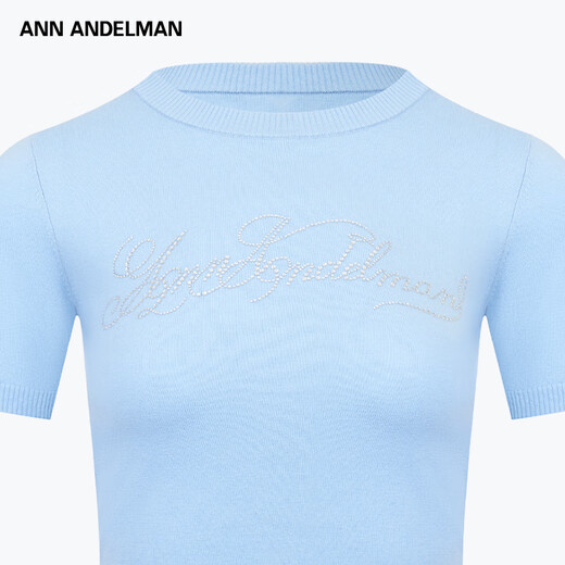 Ann Andelman offizielle Direktverkäufe Solid Color Slim Short Style Floral Schriftart Eisen Diamant gestrickt kurzärmelig T-Shirt Top für Frauen Blue XS