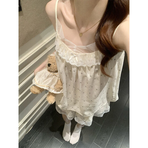 梦鸾吊带睡衣女夏季2025年新款性感纯欲带胸垫蕾丝花边甜美家居服套装 B834 蕾丝小花 固定胸垫 M