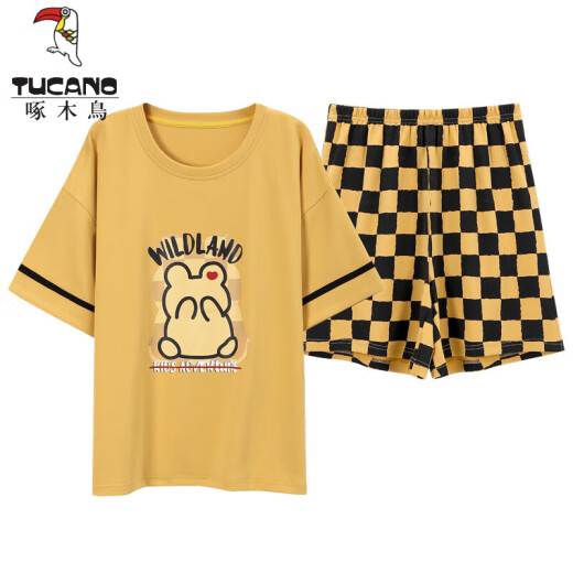Tucano; Woodpecker Summer Summer de manga corta para mujer Conjunto de pijama a cuadros de algodón Summer Summer Pure Korean Ropa para el hogar puede ser dibujos animados para Y9855 m al aire libre (sugerido 75-95Jin [Jin equivale a 0.5 kg])