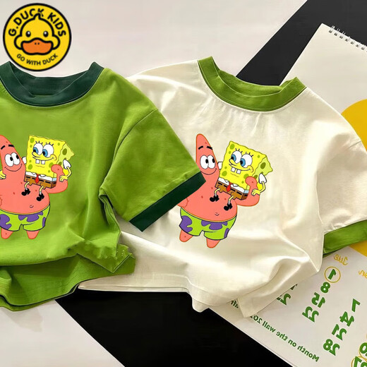 G.DUCKKIDS男童女童纯棉短袖T恤夏季新款卡通海绵宝宝半袖儿童洋气上衣t 673绿色【派大星抱 海绵宝宝】 130