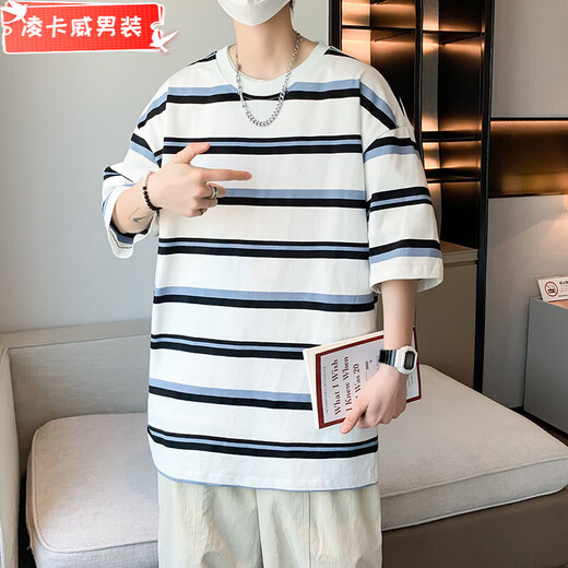 凌卡戚夏季短袖男潮流百搭条纹棉T恤青年学生帅气圆领半袖体恤港风上衣 TJB9227橙黄色 M 90-120斤