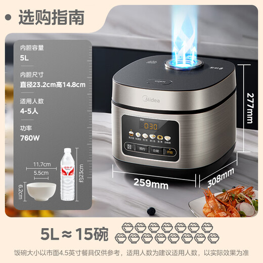 Midea government subsidy rice cooker for 4-5 people household 5 liter large capacity colorful large screen metal body high power rice cooker smart reservation micro-pressure MB-RE517