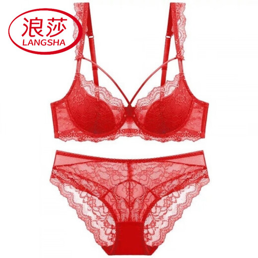 LangSha’s new large-size underwear for women’s thin, large breasts, small lace bra, anti-sagging and sexy suit, pair of breasts, black suit, 70B 32B