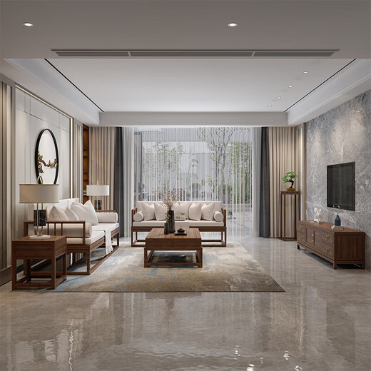 Jigi Song Dynasty aesthetic all solid wood sofa living room lobby villa Zen light luxury new Chinese style modular furniture whole house set single seat*2+double seat+three person seat+coffee table