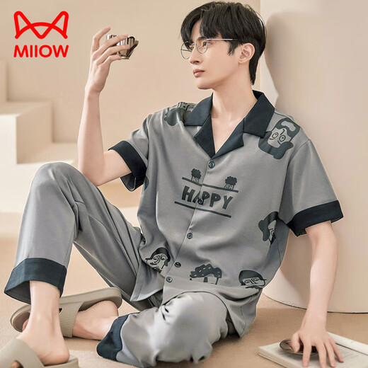 
Cat Man (MiiOW) pajamas men summer pure cotton short-sleeved trousers thin men's cute cartoon 2025 new student home clothing set Flagship store-694 L