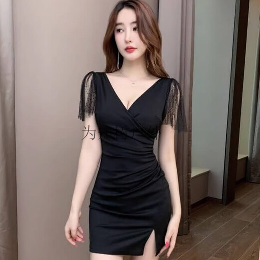 为知树夜总会性感连衣裙夜场KTV佳丽晚礼服SPA足浴按摩技师工作服包臀裙 增3897黑色+ S 建议80-95斤