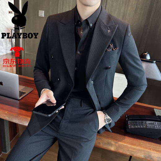 Playboy Hochzeitsanzug Set Herren High-End 2025 New Business Herren-Doppelbrust lässiger Hochzeitsanzug Jacke grau SJT9973 Drei-teiliger Set 4xl [Vorgeschlagen 185jin [Jin gleich 0,5 kg]]
