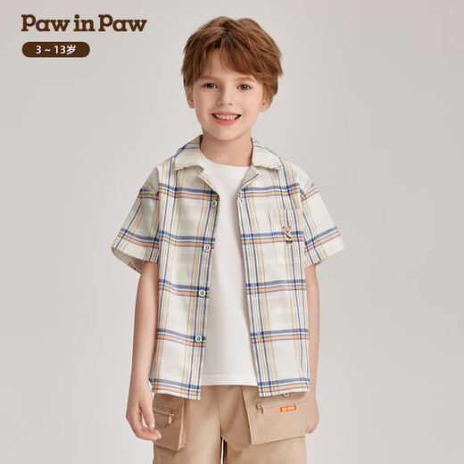 PawinPaw cartoon bear children's clothing boys contrast plaid short-sleeved shirt casual PCYAE2511M green 110