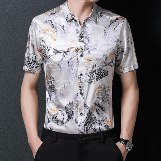 嘉欣丝绸正宗【92.5%桑蚕丝】重磅高端真丝衬衫男短袖夏提花绸缎衬衣轻薄丝滑 6218 2XL (180) ［适合156-169斤］