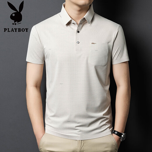 花花公子高档轻奢冰丝短袖t恤男士2025夏季薄款舒适时尚免烫透气POLO衫 杏色-15286 M 165