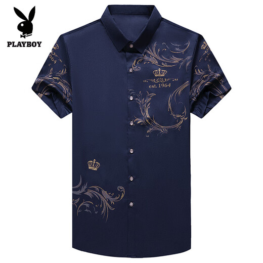 Playboy (Playboy) Nouvelle glace de glace à manches à manches courtes à manches à manches à manches courtes avec une chemise d'âge moyen de mûre en soie mûre 9898 Black XL (175) [140-160jin [Jin est égal à 0,5 kg]]]