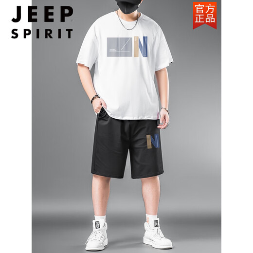 JEEP SPIRIT男士运动套装夏季大码胖子男装T恤加肥加大短袖短裤休闲两件套潮 黑色829一套 2XL