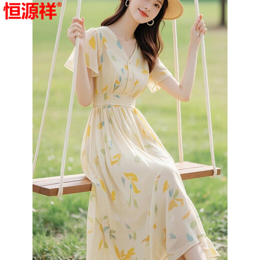 恒源祥冰丝连衣裙子女v领小飞袖高级感法式夏季新款温柔风收腰显瘦长裙 图片色 M 95--105斤