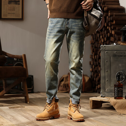 Sieben Wölfe hohe elastische Sommer-Dünne schwarze Jeans für Männerfett Männer, schlank schlanker kleiner Füße Großgröße Casual Long Hosen hellblau ZX9928 Gürtel Hoch elastisches neun-Punkte-dünne einzelne Größe 28 (90-100jin [Jin gleich 0,5 kg]))