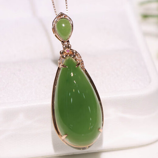 Micro-gift fashion trend Hotan pendant for women A-grade spinach green jasper water drop inlaid 18k gold necklace for mother Spinach green jasper water drop inlaid 18k gold pendant 13*25
